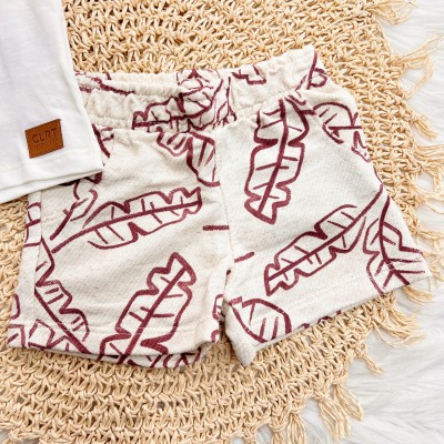 Conj. Camiseta Gola Polo e Bermuda em Linho Folhagem - Off White e Bordô 